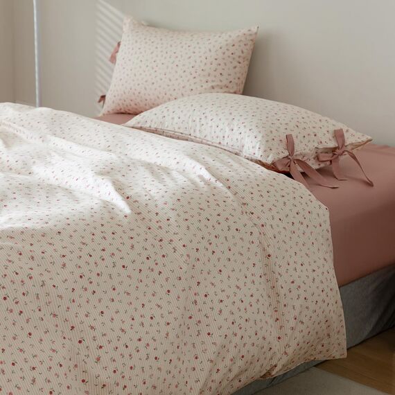 AOJIM Weißes Bettbezug-Set, 100% Baumwolle, Bettdeckenbezug mit rosa Blumendruck, 3-teilig (1 Queensize-Bettbezug 90 x 90 cm mit Reißverschluss + 2 Kissenbezüge 50 x 66 cm mit Schleife)