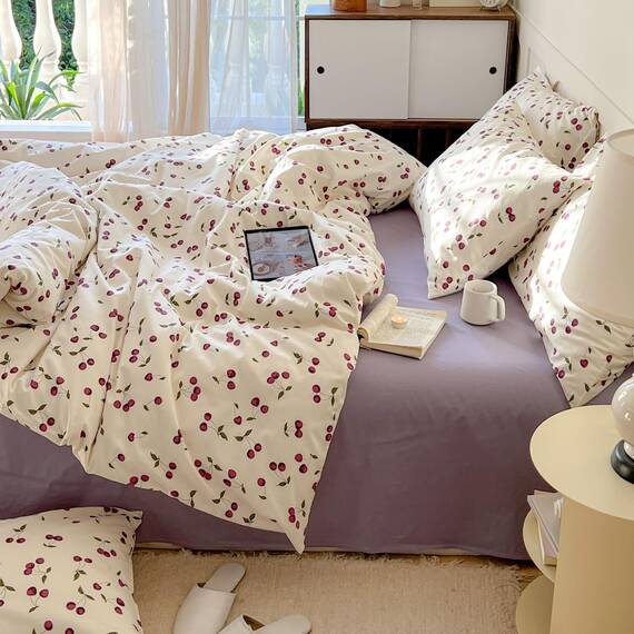 AOJIM Bettwäsche-Set aus 100% weicher Baumwolle, 3-teiliges Set, Bettbezug mit Fruchtmotiven Bedruckt, Kirschen, Doppelbett (Twin Size), für Kinder und Erwachsene, ästhetische Raumdekoration