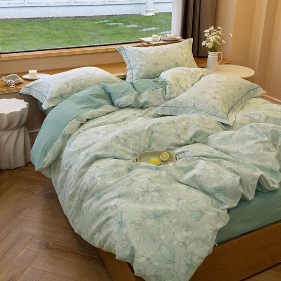 AOJIM Bettwäsche-Set aus reiner Baumwolle, 3-teiliges Set mit 1 wendbaren Bettbezug mit unterschiedlichen Seiten und 2 passenden Kissenbezügen, Grün, ästhetischer Blumen-Print, Queensize, für Kinder