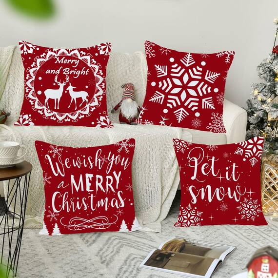 Wilproo 4 Pack 20X20 Inch Red Merry Christmas Pillow Cover Xmas Snowflake Pine Tree Deer Decorative Throw Pillow Covers Pillowcases for Home Sofa