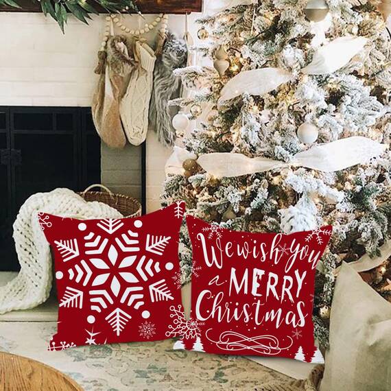 Wilproo 4 Pack 20X20 Inch Red Merry Christmas Pillow Cover Xmas Snowflake Pine Tree Deer Decorative Throw Pillow Covers Pillowcases for Home Sofa
