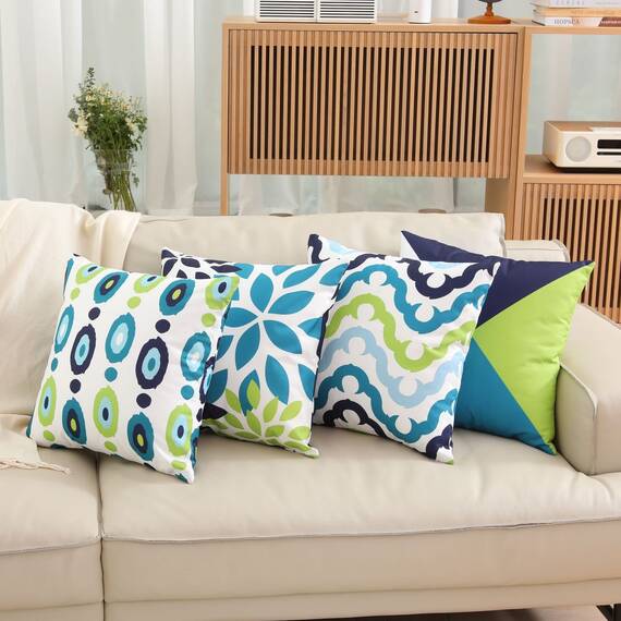 Wilproo Decorative Green Blue Abstract Throw Pillow Covers 20x20 Inch Set of 4, Geometric Cotton Linen Outdoor Cushion Cover Square Pillowcase for Car Sofa Couch Home Decor