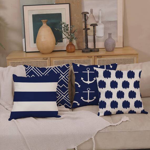 Wilproo Kissenbezug mit geometrischen blauen Punkten, marineblau, nautische Anker, 50,8 x 50,8 cm, Set mit 4 quadratischen Kissenbezügen, Baumwollleinen, Outdoor, für Sofa, Couch, Terrasse,