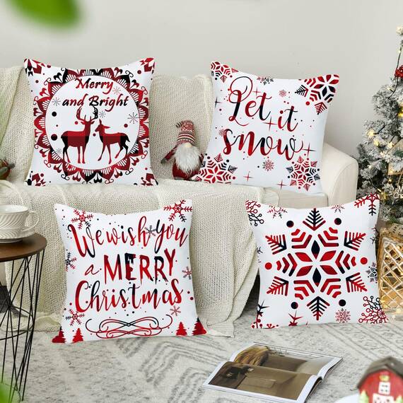 Wilproo Set of 4 Merry Christmas Deer Snowflake Pine Tree Castle Sled Forest Pattern Red Cotton Linen Square Throw Waist Pillow Case Decorative Cushion Cover for Couch Sofa 20x20 inches