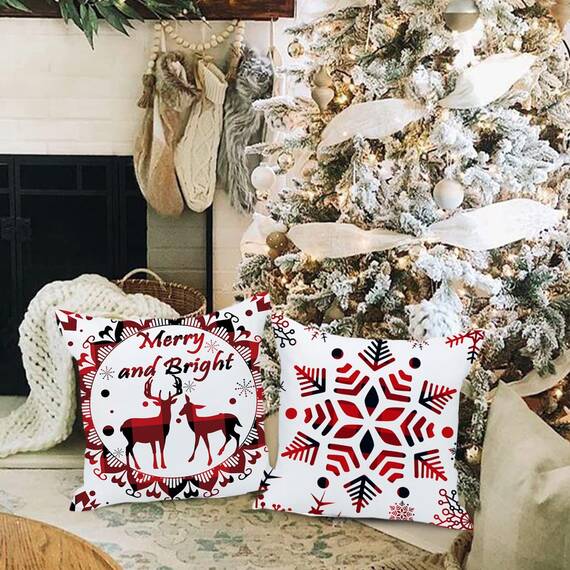 Wilproo Set of 4 Merry Christmas Deer Snowflake Pine Tree Castle Sled Forest Pattern Red Cotton Linen Square Throw Waist Pillow Case Decorative Cushion Cover for Couch Sofa 20x20 inches