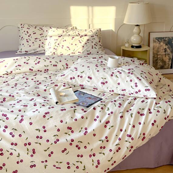 AOJIM Bettwäsche-Set aus 100% weicher Baumwolle, 3-teiliges Set, Bettbezug mit Fruchtmotiven Bedruckt, Kirschen, Doppelbett (Twin Size), für Kinder und Erwachsene, ästhetische Raumdekoration
