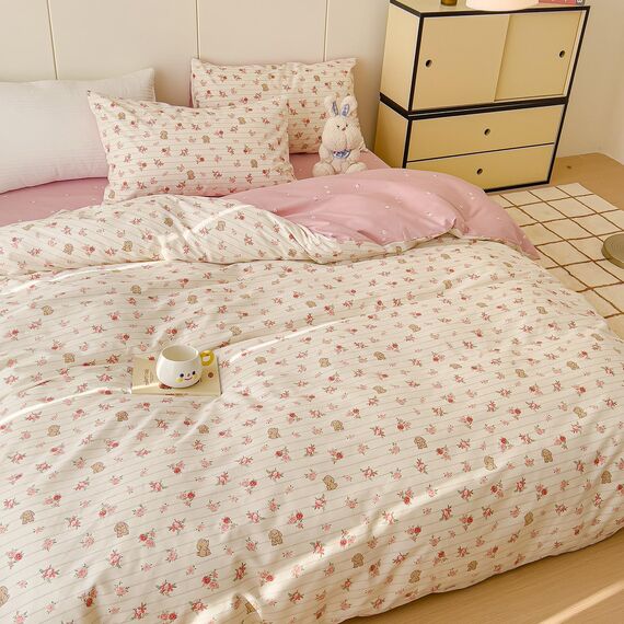 AOJIM Bettwäsche-Set aus weicher Baumwolle, 1 Bettbezug mit Reißverschluss (ca. 230 x 230 cm) und 2 Kissenbezüge, Queensize, für Kinder und Erwachsene, Blumen, Kaninchen, Rosa (Bettdecke nicht