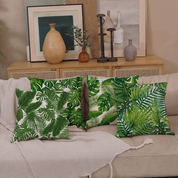 Wilproo Green Tropical Leaves Throw Pillow Covers, Set of 4 20x20 Cotton Linen Durable Sturdy Decorative Pillowcase w/Hidden Zipper for Sofa Couch Bench Car Decor