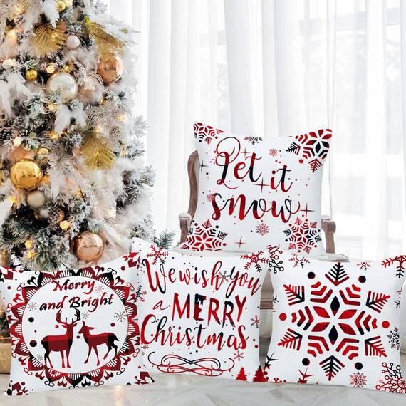 Wilproo Set of 4 Merry Christmas Deer Snowflake Pine Tree Castle Sled Forest Pattern Red Cotton Linen Square Throw Waist Pillow Case Decorative Cushion Cover for Couch Sofa 20x20 inches