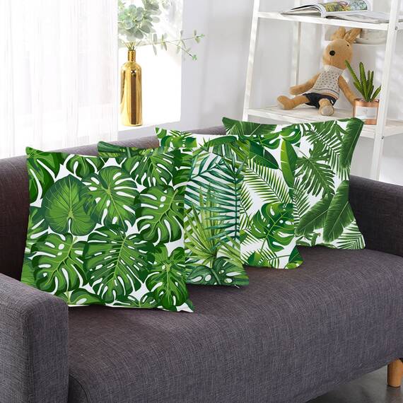 Wilproo Green Tropical Leaves Throw Pillow Covers, Set of 4 20x20 Cotton Linen Durable Sturdy Decorative Pillowcase w/Hidden Zipper for Sofa Couch Bench Car Decor