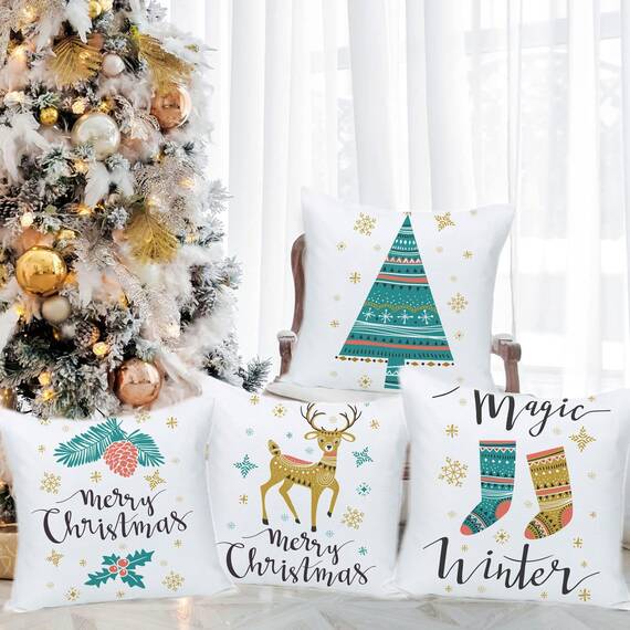 Wilproo Set von 4 Merry Christmas Socken Wald Hirsch Baum Leinen Quadratisch Winter Rentier Dekorative Blaue Schneeflocke Wurfkissenbezüge Kissenbezüge Kissenbezug für Couch Sofa Home Decor 50,8 x