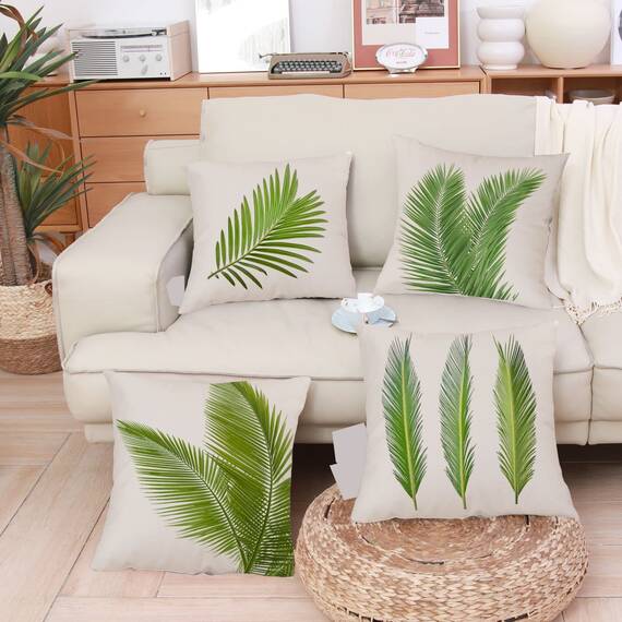 Wilproo Tropische grüne Pflanzenblätter, Überwurf-Kissenbezüge, 50,8 x 50,8 cm, Leinen, Palmblatt, Sommer, Outdoor, dekorative Kissenbezüge für Sofa, Terrasse, Couch, Auto, Wohnzimmer, Schlafzimmer,