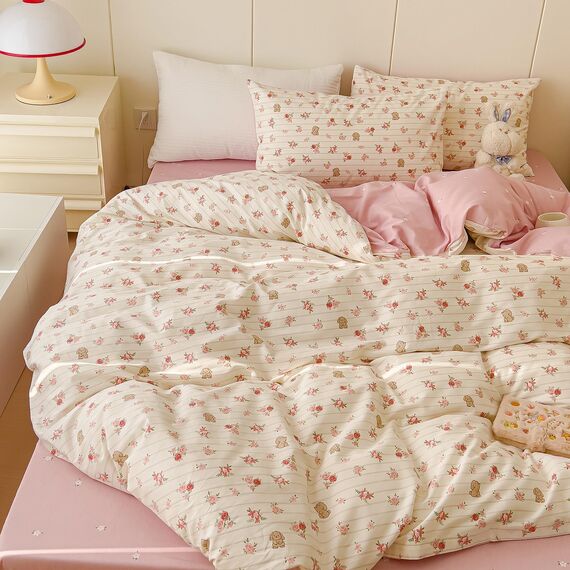 AOJIM Bettwäsche-Set aus weicher Baumwolle, 1 Bettbezug mit Reißverschluss (ca. 230 x 230 cm) und 2 Kissenbezüge, Queensize, für Kinder und Erwachsene, Blumen, Kaninchen, Rosa (Bettdecke nicht