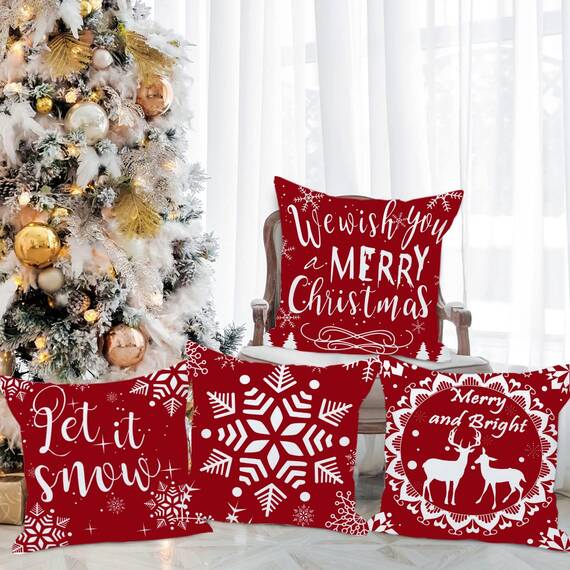 Wilproo 4 Pack 20X20 Inch Red Merry Christmas Pillow Cover Xmas Snowflake Pine Tree Deer Decorative Throw Pillow Covers Pillowcases for Home Sofa