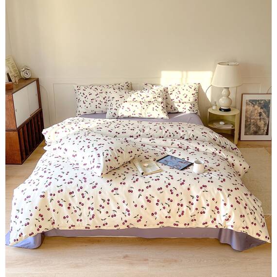 AOJIM Bettwäsche-Set aus 100% weicher Baumwolle, 3-teiliges Set, Bettbezug mit Fruchtmotiven Bedruckt, Kirschen, Doppelbett (Twin Size), für Kinder und Erwachsene, ästhetische Raumdekoration