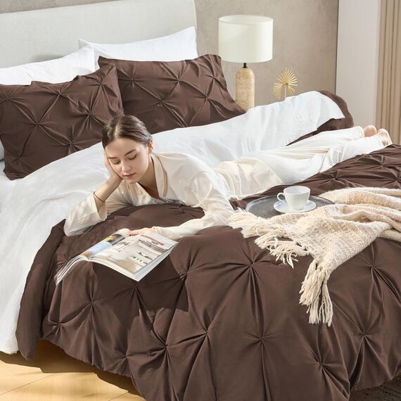 Andency California King Bettdecken-Set mit Quetschfalten, 3-teilig, Übergröße, Kingsize-Bettdecke, Mikrofaser, Daunen-Alternativ-Bettwäsche-Set, 277 x 248 cm, Braun