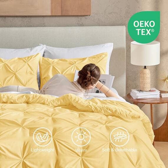 Andency Gelbe Plissee-Steppdecke für Kingsize-Betten (267 x 228 cm), 3-teilig (1 Biesendecke, 2 Kissenbezüge), Biesen-Bettwäsche-Set, Mikrofaser-Daunen-Alternative