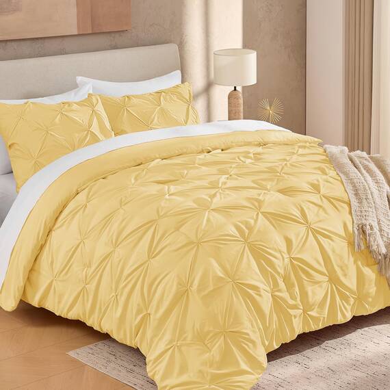 Andency Gelbe Quetschfalten für Queen-Size-Bett (228 x 228 cm), 3-teilig (1 Biesendecke und 2 Kissenbezüge), Biesen-Bettwäsche-Set aus Mikrofaser für alle Jahreszeiten