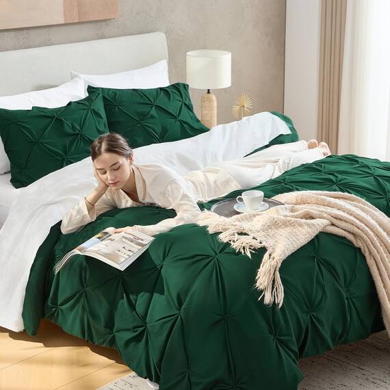 Andency California King Bettdecken-Set mit Quetschfalten, 3-teilig, Übergröße, Kingsize-Bettdecke, Mikrofaser, Daunen-Alternativ-Bettwäsche-Set, 277 x 248 cm, Dunkelgrün