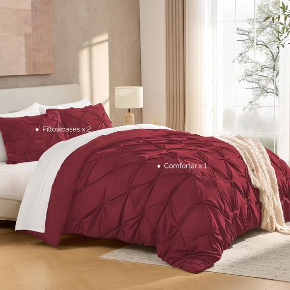 Andency California King Bettdecken-Set mit Quetschfalten, 3-teilig, Übergröße, King-Size-Bettdecke, 267 x 248 cm, 3-teiliges Bettwäsche-Set mit Biesen, Mikrofaser-Daunen-Alternative, Burgunderrot