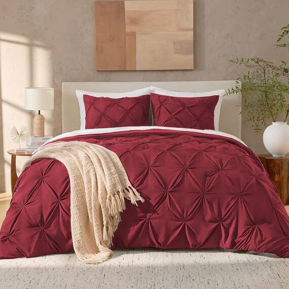 Andency California King Bettdecken-Set mit Quetschfalten, 3-teilig, Übergröße, King-Size-Bettdecke, 267 x 248 cm, 3-teiliges Bettwäsche-Set mit Biesen, Mikrofaser-Daunen-Alternative, Burgunderrot
