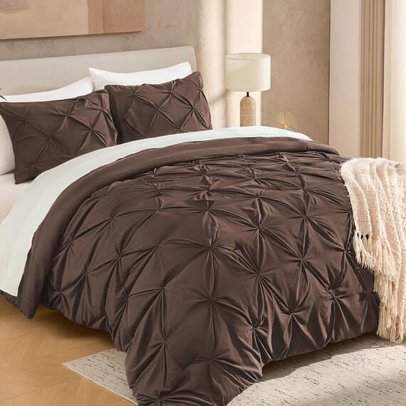 Andency Braunes Queen-Bettwäsche-Set, 3-teilig, dekorative Biesen-Bettwäsche, Tröster & Sets, braune weiche Mikrofaser, leicht, waschbar, Bettwäsche-Set für Queen-Size-Bett