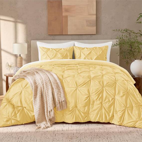 Andency Gelbe Quetschfalten für Queen-Size-Bett (228 x 228 cm), 3-teilig (1 Biesendecke und 2 Kissenbezüge), Biesen-Bettwäsche-Set aus Mikrofaser für alle Jahreszeiten