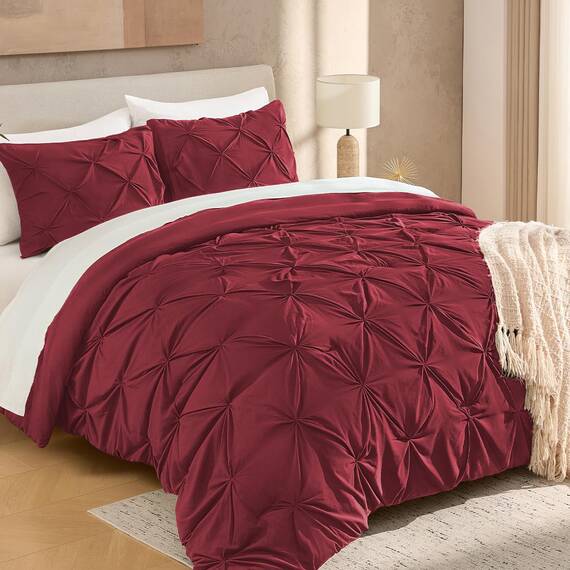 Andency California King Bettdecken-Set mit Quetschfalten, 3-teilig, Übergröße, King-Size-Bettdecke, 267 x 248 cm, 3-teiliges Bettwäsche-Set mit Biesen, Mikrofaser-Daunen-Alternative, Burgunderrot