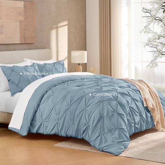 Andency Graublaue Steppdecke mit Quetschfalten, komplett (200 x 228 cm), 3-teilig (1 Steppdecke mit Biesen und 2 Kissenbezüge), solide, weiche Daunen-Alternative, Mikrofaser, leicht, für alle