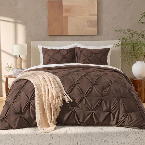 Andency California King Bettdecken-Set mit Quetschfalten, 3-teilig, Übergröße, Kingsize-Bettdecke, Mikrofaser, Daunen-Alternativ-Bettwäsche-Set, 277 x 248 cm, Braun