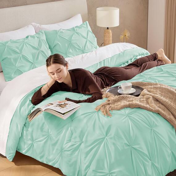 Andency California King Bettdecken-Set, Mintgrün, 267 x 248 cm, Quetschfalten, 3-teilig, übergroßes King-Size-Bettdecken-Bettwäsche-Set mit Biesen, Mikrofaser-Daunen-Alternative