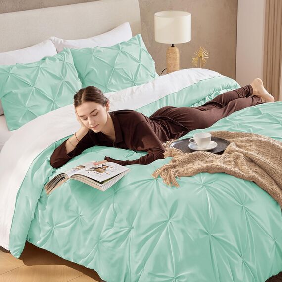 Andency Mintgrünes Queen-Bettwäsche-Set, 3-teilig, für alle Jahreszeiten, dekorative Biesen-Bettwäsche, Tröster und Sets, Mintgrün, weiche Mikrofaser, leicht, waschbar, für Queen-Size-Bett