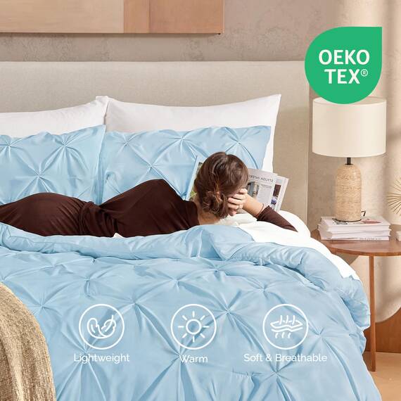 Andency Hellblaues Queen-Bettwäsche-Set, 3-teilig, für alle Jahreszeiten, dekorative Biesen-Bettwäsche, Bettdecke und Sets, hellblau, weiche Mikrofaser, leicht, waschbar, für Queen-Size-Bett