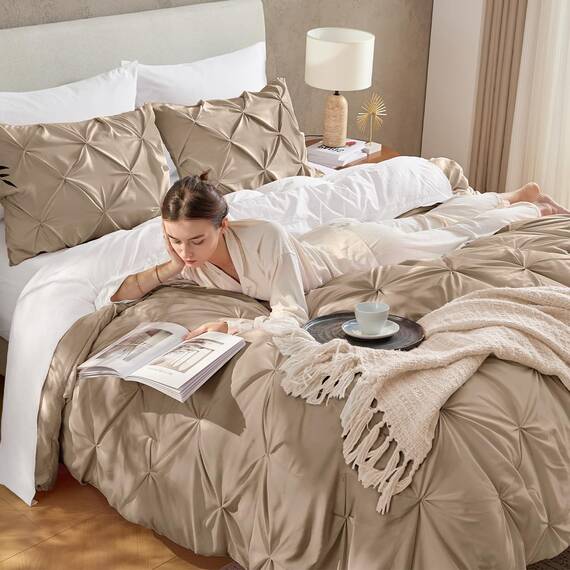Andency Bettdecken-Set für King-Size-Betten, 3-teilig, stilvolle Quetschfalten, leicht, weich, Boho-Bettwäsche-Set für Erwachsene, 261 x 228 cm, Taupe