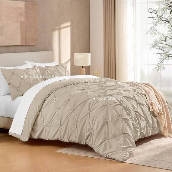 Andency Khaki-Falten-Bettwäsche-Set für King-Size-Betten (267 x 228 cm), 3-teiliges Bettwäsche-Set aus Mikrofaser mit Biesen (1 Steppdecke, 2 Kissenbezüge)