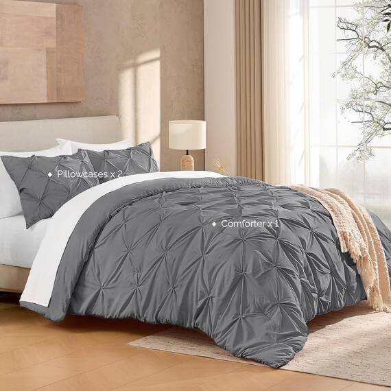 Andency Mittelgraue Steppdecke mit Quetschfalten, komplett (200 x 228 cm), 3-teilig (1 Daunenalternative Bettdecke und 2 Kissenbezüge), grau, Mikrofaser, Biesen-Bettwäsche-Set
