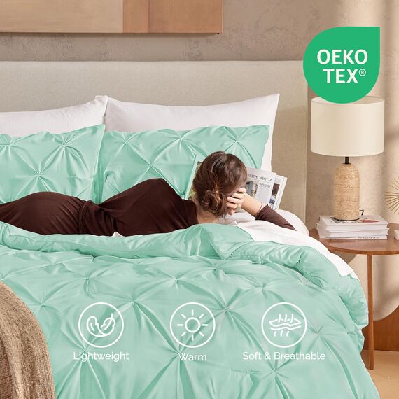 Andency Mintgrünes Queen-Bettwäsche-Set, 3-teilig, für alle Jahreszeiten, dekorative Biesen-Bettwäsche, Tröster und Sets, Mintgrün, weiche Mikrofaser, leicht, waschbar, für Queen-Size-Bett