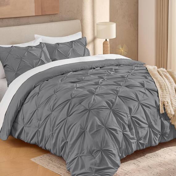 Andency Mittelgraue Steppdecke mit Quetschfalten, komplett (200 x 228 cm), 3-teilig (1 Daunenalternative Bettdecke und 2 Kissenbezüge), grau, Mikrofaser, Biesen-Bettwäsche-Set