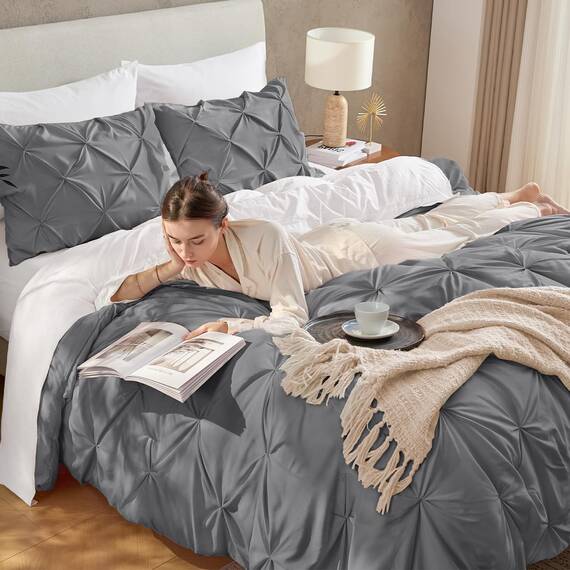 Andency California King Bettdecken-Set, mittelgrau (267 x 248 cm), Quetschfalten, 3-teilig, übergroßes King-Size-Bettdecken-Bettwäsche-Set mit Biesen, Mikrofaser-Daunen-Alternative