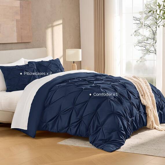 Andency Marineblaue Steppdecke mit Quetschfalten, komplett (200 x 228 cm), 3-teilig (1 Biesendecke und 2 Kissenbezüge), Daunen-Alternativ-Bettwäsche-Set aus Mikrofaser