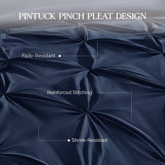 Andency Marineblaue Steppdecke mit Quetschfalten, komplett (200 x 228 cm), 3-teilig (1 Biesendecke und 2 Kissenbezüge), Daunen-Alternativ-Bettwäsche-Set aus Mikrofaser