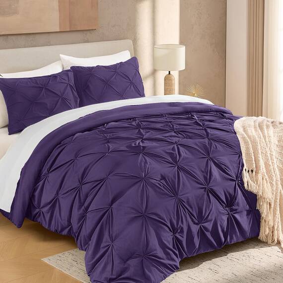 Andency Violettes Bettdecken-Set (200 x 228 cm), 3-teilig (1 Biesendecke und 2 Kissenbezüge), Mikrofaser, Quetschfalten, Doppelbettgröße, leicht und weich