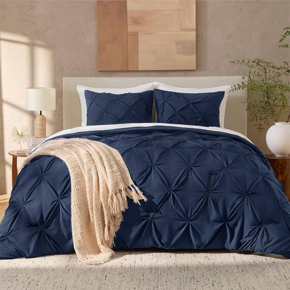 Andency Marineblaue Steppdecke mit Quetschfalten, komplett (200 x 228 cm), 3-teilig (1 Biesendecke und 2 Kissenbezüge), Daunen-Alternativ-Bettwäsche-Set aus Mikrofaser