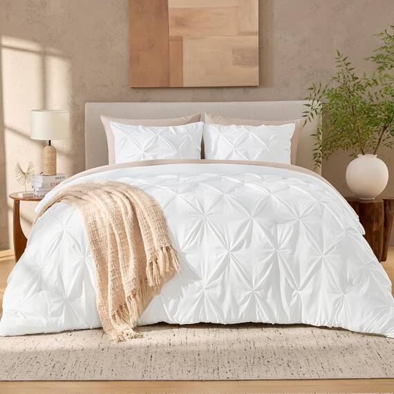 Andency Weißes Queen-Bettwäsche-Set (228 x 228 cm), 3-teiliges Bettwäsche-Set mit Quetschfalten für Queensize-Bett, weiche, leichte, Flauschige Daunen-Alternative, Ganzjahres-Bettwäsche-Set