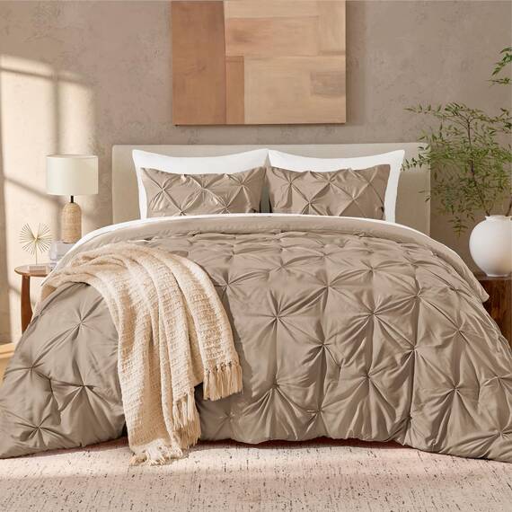 Andency Bettdecken-Set für Kinder, Erwachsene, 3-teilig, mit Quetschfalten, weich, leicht, Ganzjahres-Bettwäsche-Set für Kinder, Erwachsene, 200 x 228 cm, Taupe