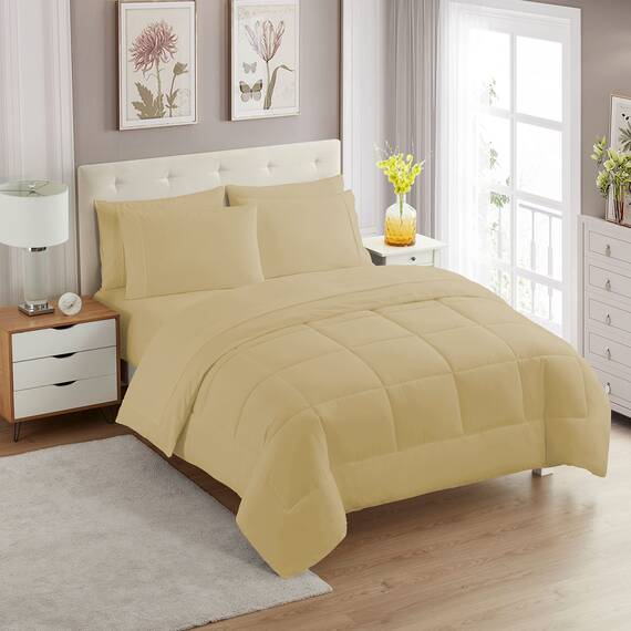 Sweet Home Collection 5-teiliges Bettdecken-Set, einfarbig, für alle Jahreszeiten, weiche Daunen-Alternative und luxuriöse Mikrofaser-Bettlaken, Camel, Doppelbett
