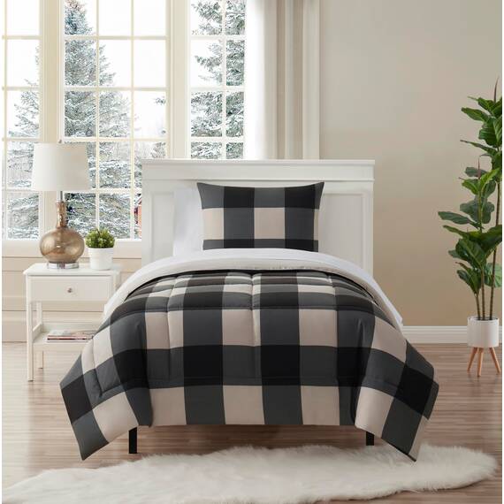Bettdecken-Set, 5-teilige Kollektion, 1 Bettdecke, 1 Spannbetttuch, 1 Bettlaken, 2 Kissenbezüge, tiefe Tasche, weich, hochwertig, für alle Jahreszeiten, Buffalo-Schwarz-Grau, Doppelbett-Größe XL