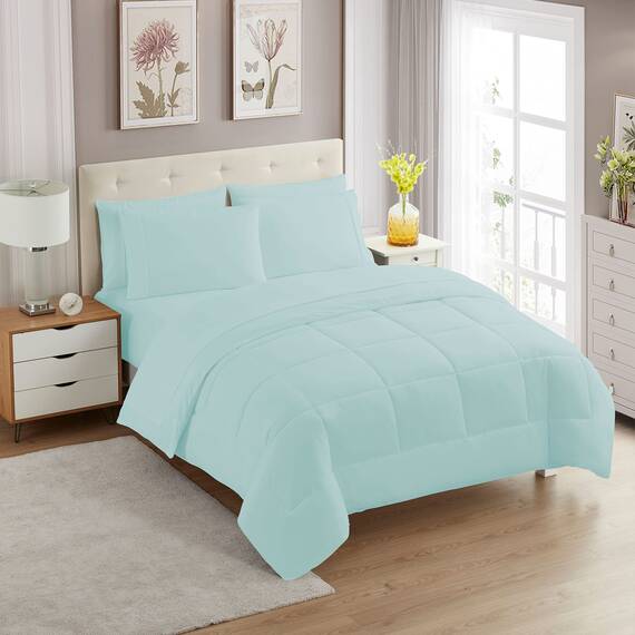 Sweet Home Collection 7-teiliges Bettdecken-Set, einfarbig, für alle Jahreszeiten, weiche Daunen-Alternative Decke und luxuriöse Mikrofaser-Bettlaken, Aqua, voll