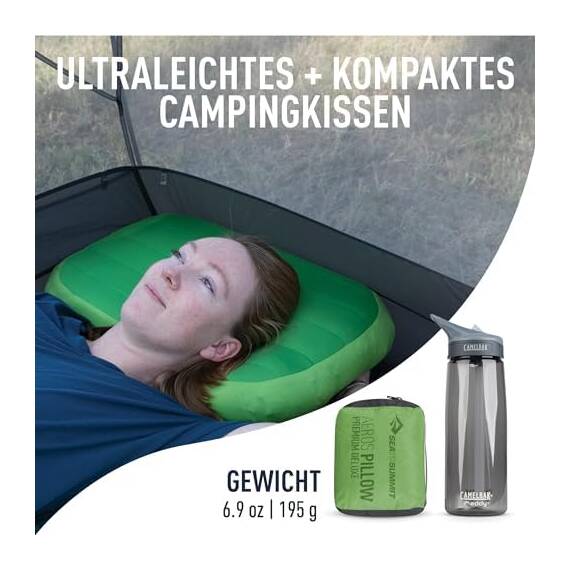 Sea to Summit - Aeros Ultralight Deluxe Reisekissen XL - Leicht zum Aufblasen - rutschfest - Ultra-SIL Reißverschluss-Tasche - Camping & Fahrradtouren - 56 x 36 x 14cm - Lime Green - 195g