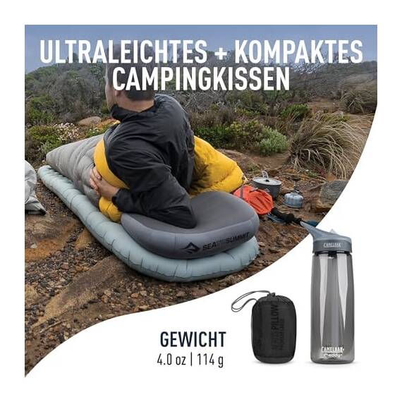 Sea to Summit - Aeros Ultralight Deluxe Reisekissen L - Leicht zum Aufblasen - rutschfest - Ultra-SIL Reißverschluss-Tasche - Camping & Fahrradtouren - 42 x 30 x 13cm - Grey - 114g